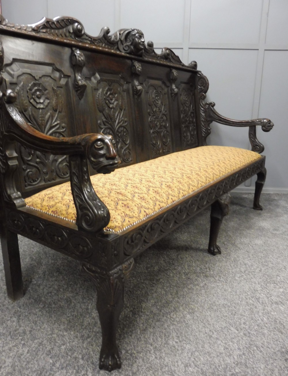 SUPERB 19TH CENTURY CARVED OAK BENCH View III