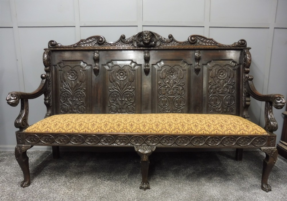 SUPERB 19TH CENTURY CARVED OAK BENCH View V