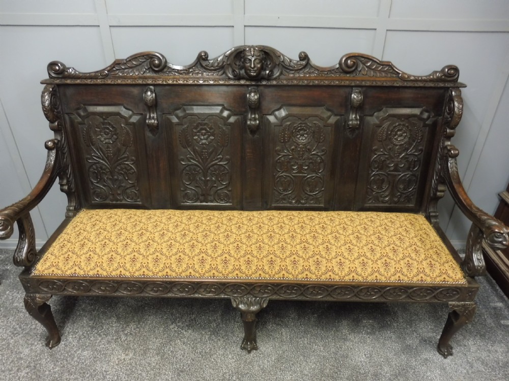 SUPERB 19TH CENTURY CARVED OAK BENCH View VI
