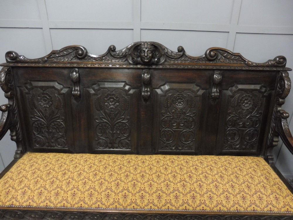 SUPERB 19TH CENTURY CARVED OAK BENCH View VII