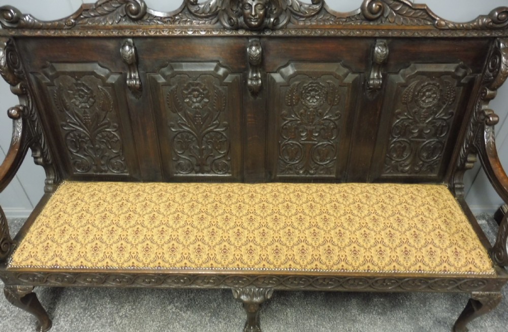 SUPERB 19TH CENTURY CARVED OAK BENCH View VIII
