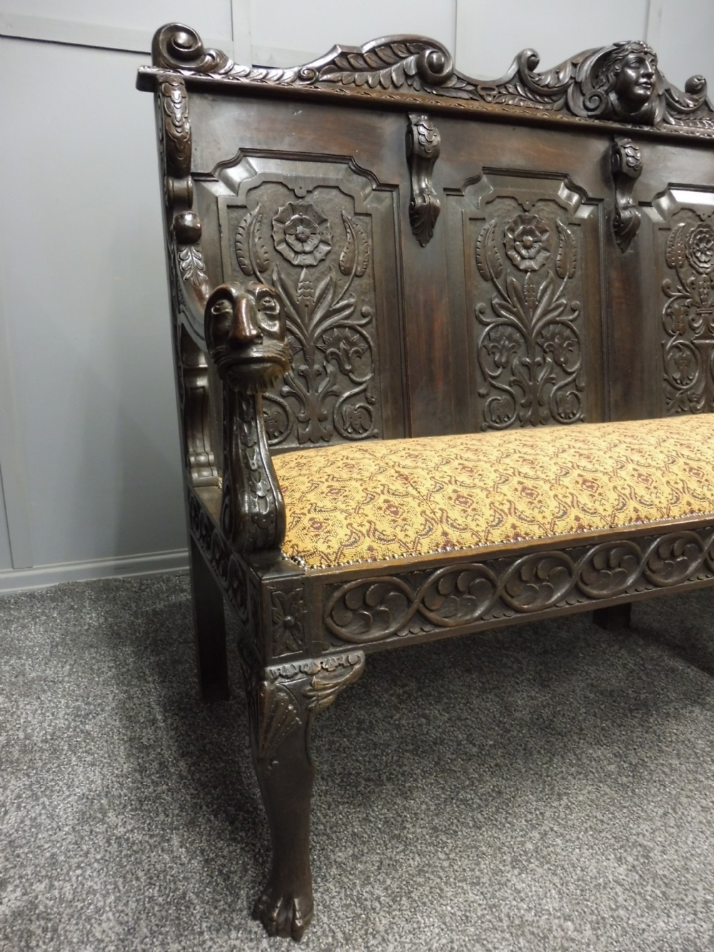 SUPERB 19TH CENTURY CARVED OAK BENCH View XV