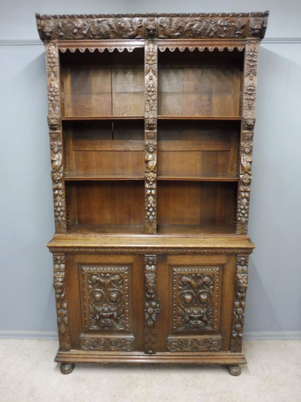 VICTORIAN CARVED OAK BOOKCASE View XVII