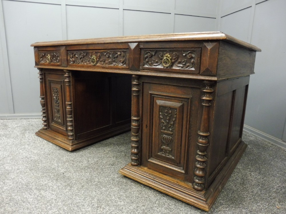 VICTORIAN CARVED OAK PARTNERS DESK View III