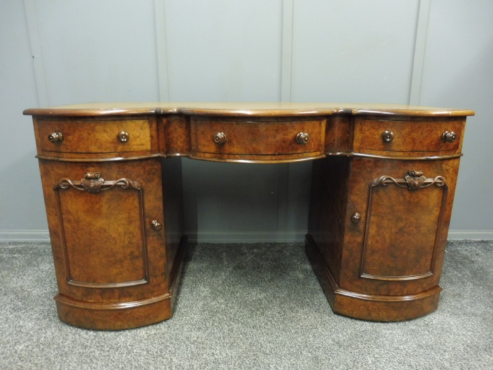 VICTORIAN BURR WALNUT SERPENTINE FRONTED PEDESTAL DESK View III