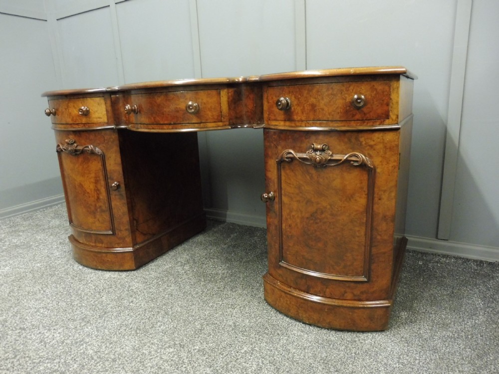 VICTORIAN BURR WALNUT SERPENTINE FRONTED PEDESTAL DESK View V