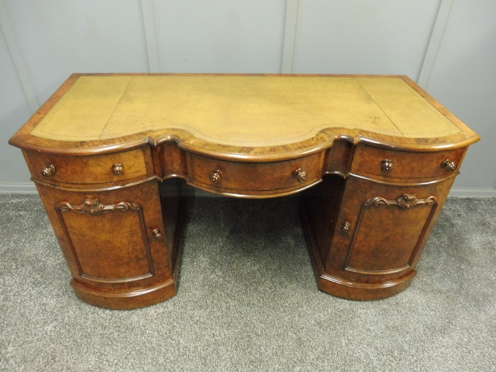 VICTORIAN BURR WALNUT SERPENTINE FRONTED PEDESTAL DESK View VI