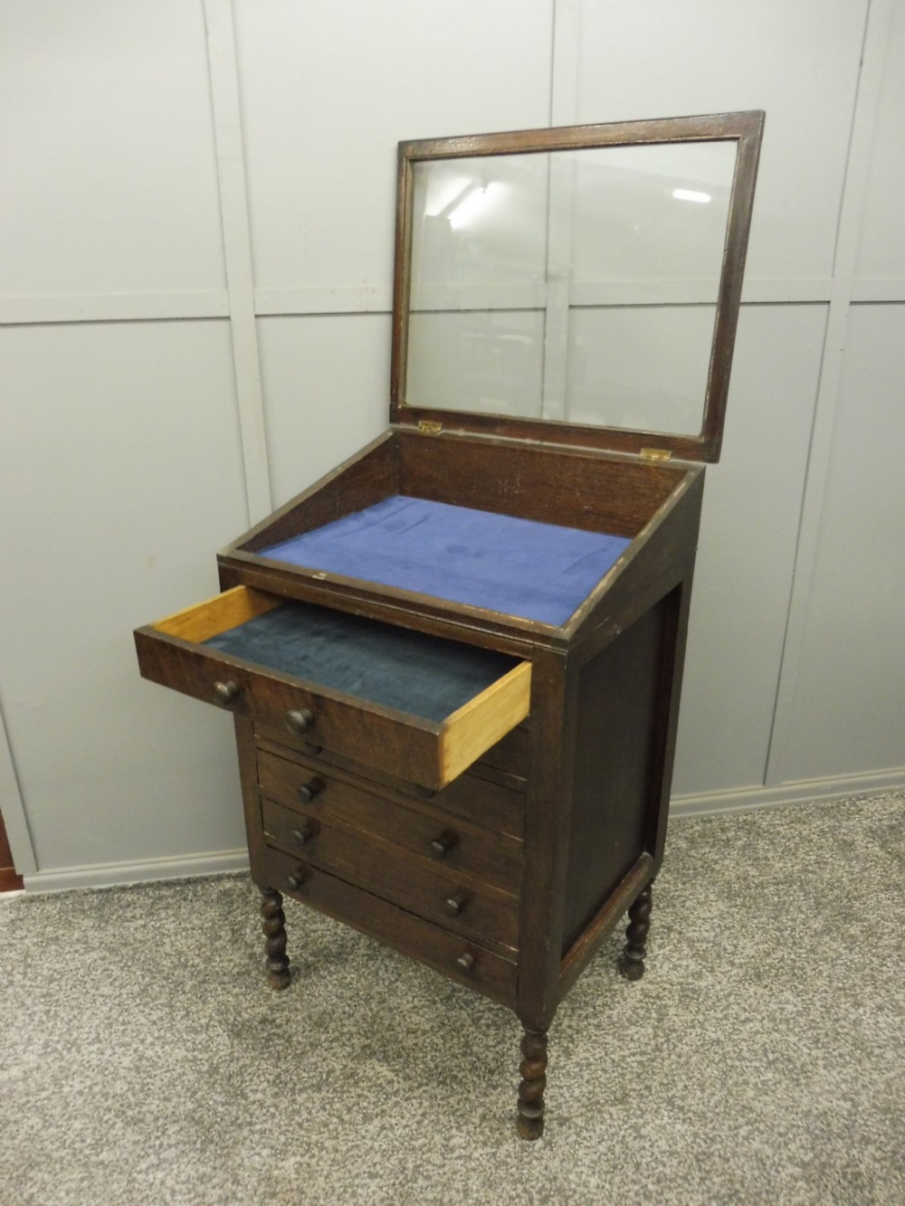 GLASS TOPPED OAK COLLECTORS CABINET View II