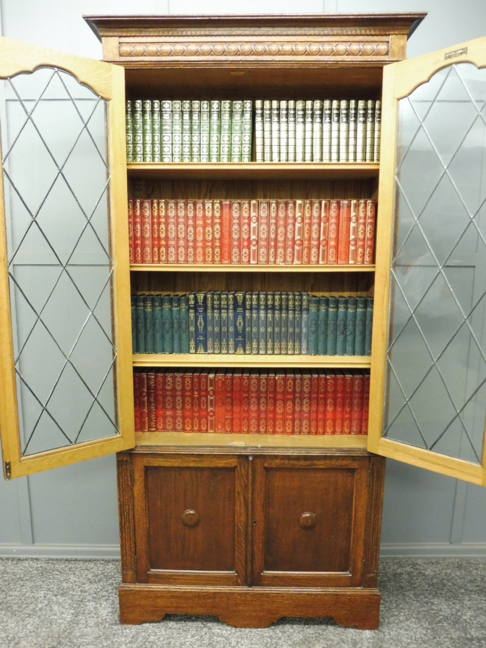 OAK BOOKCASE WITH LEADED GLASS DOORS View III