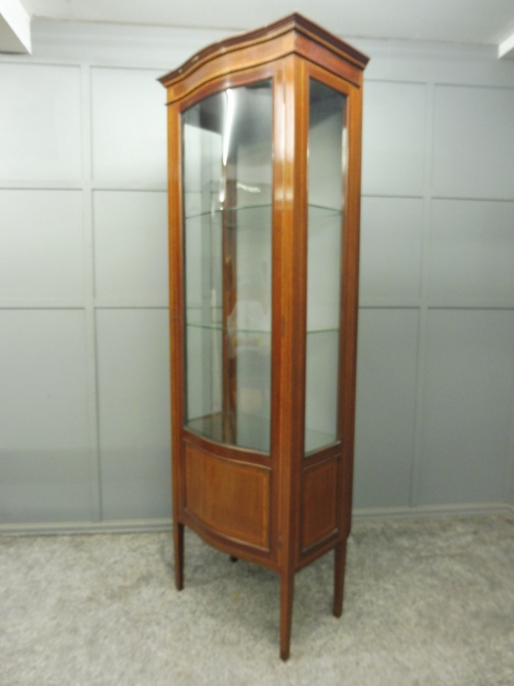 TALL SLIM SERPENTINE FRONTED EDWARDIAN INLAID DISPLAY CABINET CIRCA 1900-1910 View V