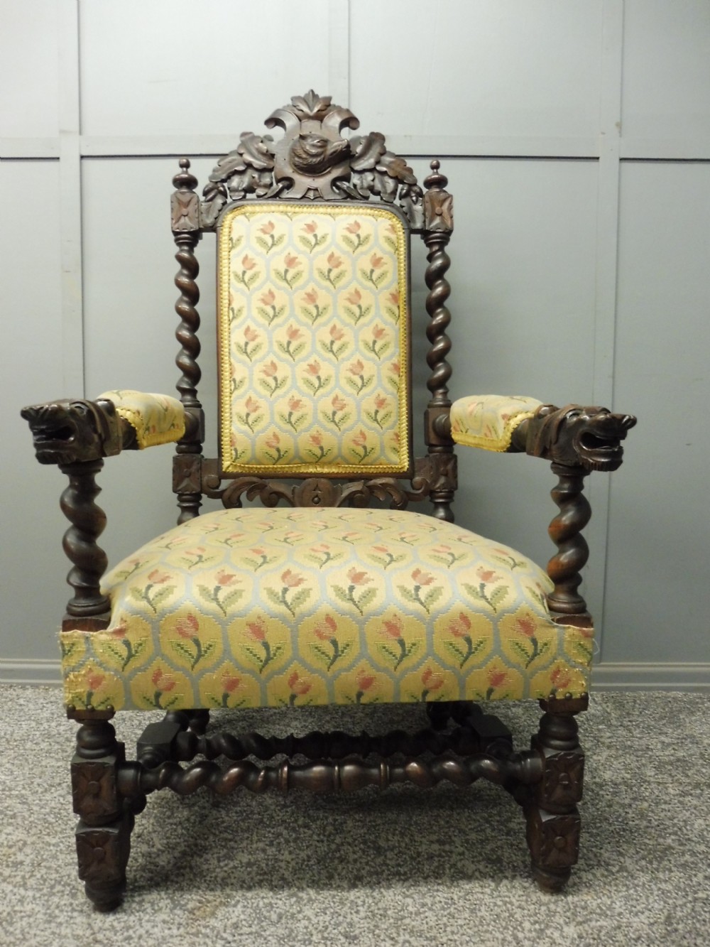 CARVED OAK 19TH CENTURY ARMCHAIR WITH DOGS HEAD ARMS View II