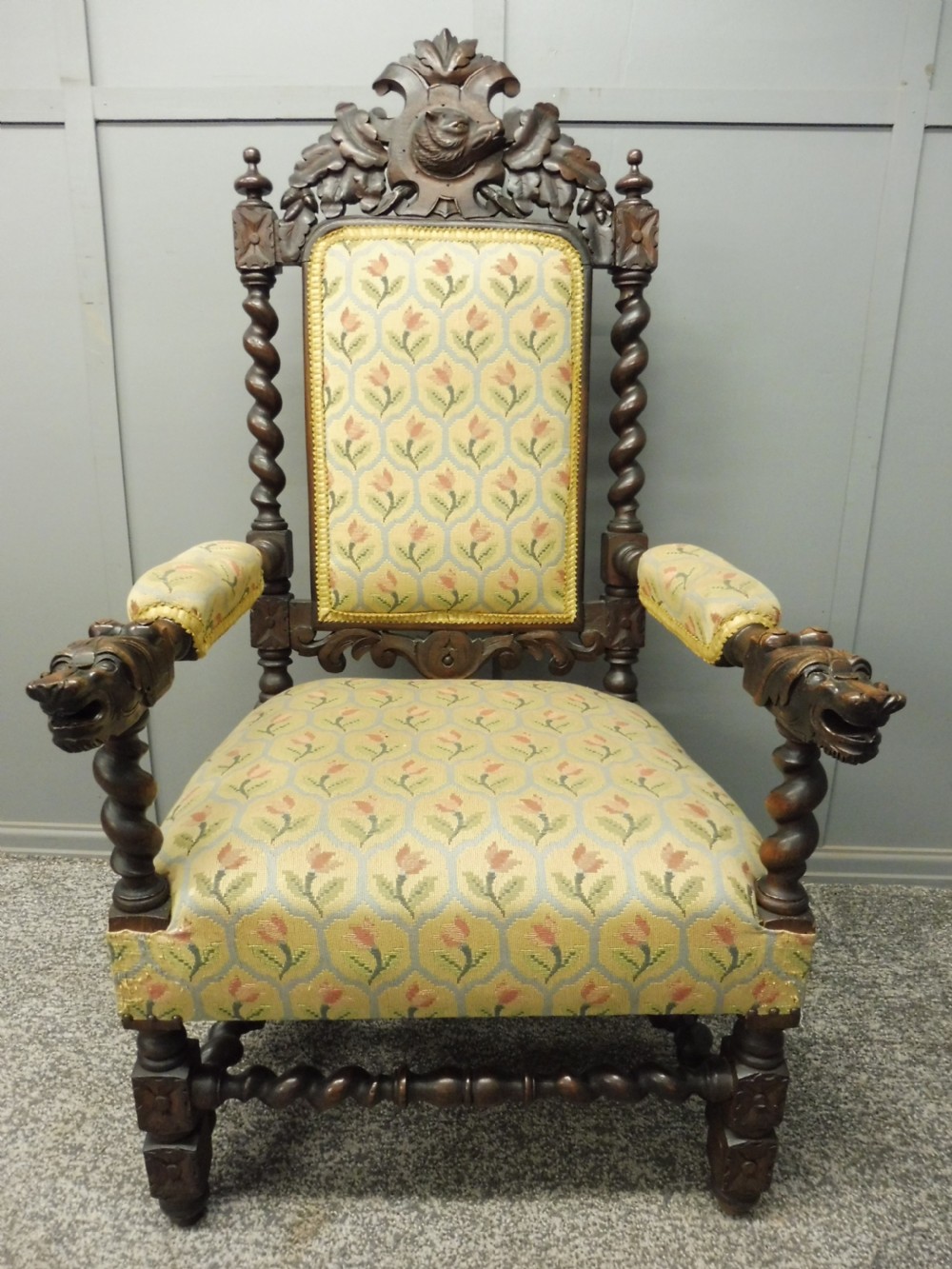 CARVED OAK 19TH CENTURY ARMCHAIR WITH DOGS HEAD ARMS View III
