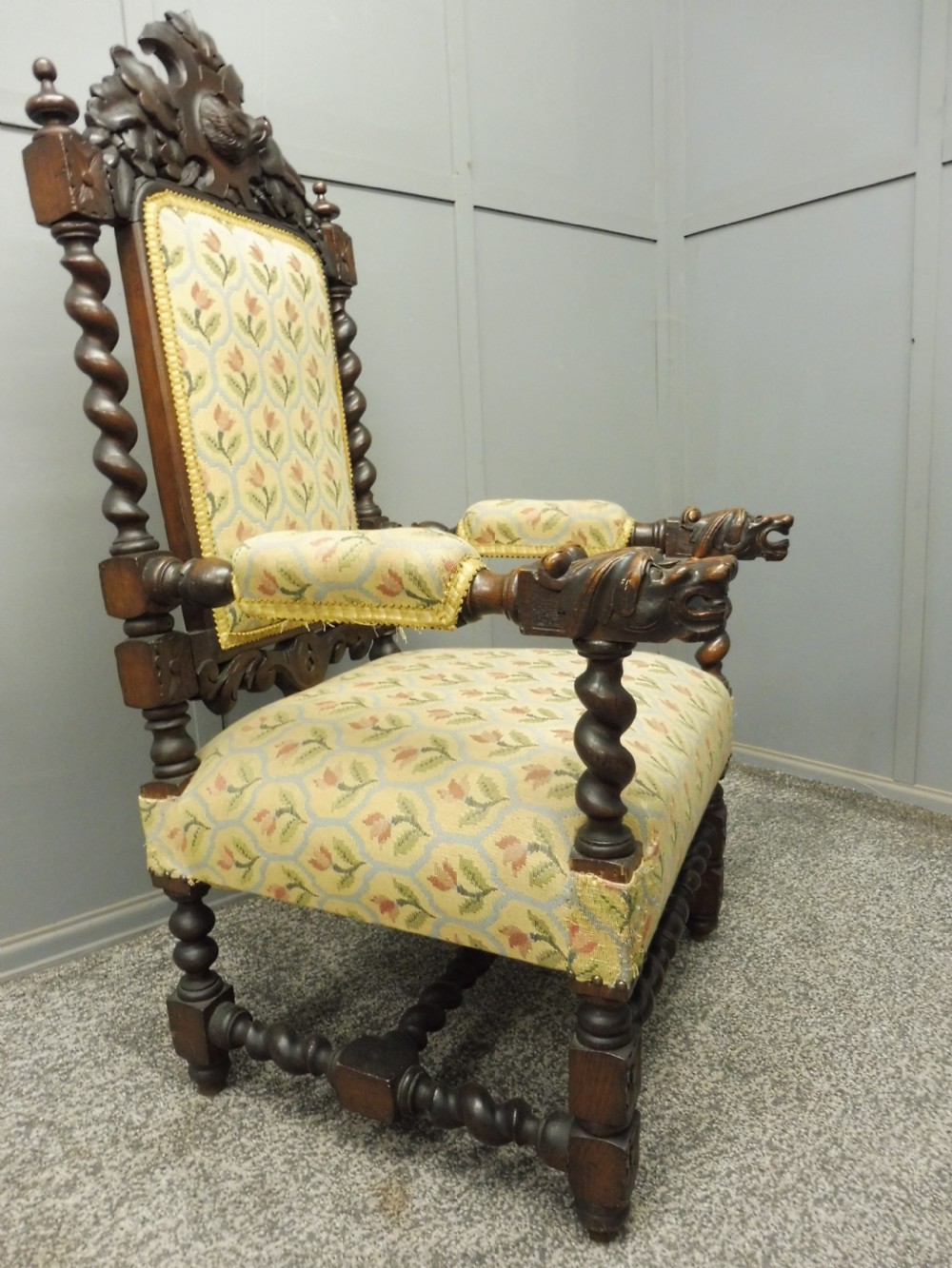 CARVED OAK 19TH CENTURY ARMCHAIR WITH DOGS HEAD ARMS View IV