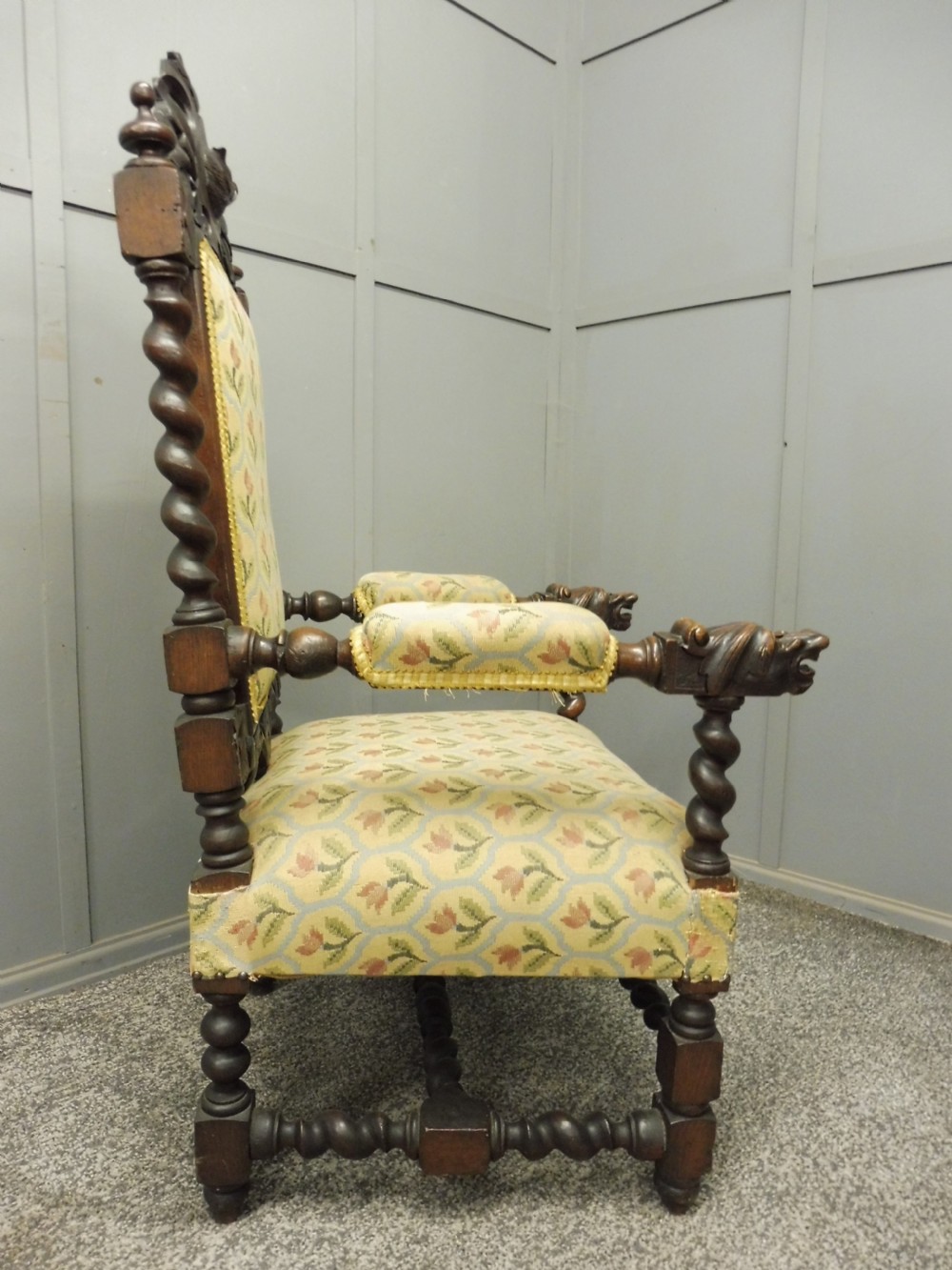 CARVED OAK 19TH CENTURY ARMCHAIR WITH DOGS HEAD ARMS View V