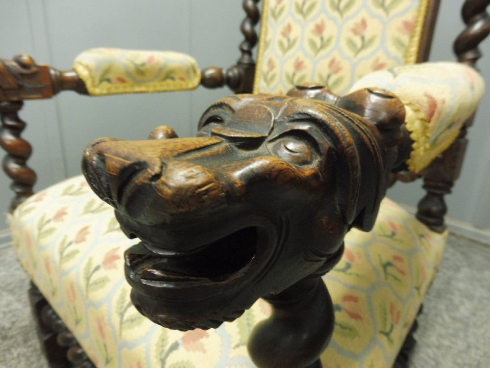 CARVED OAK 19TH CENTURY ARMCHAIR WITH DOGS HEAD ARMS View XI