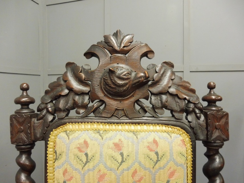 CARVED OAK 19TH CENTURY ARMCHAIR WITH DOGS HEAD ARMS View XV