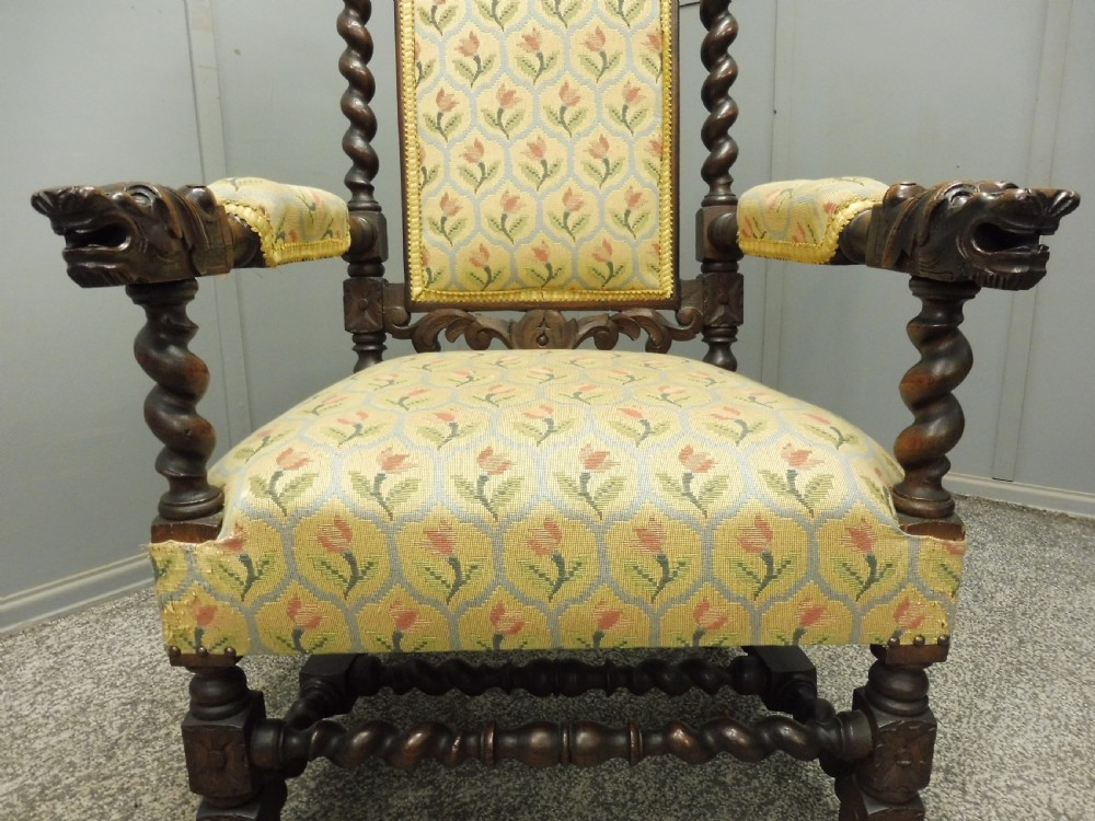 CARVED OAK 19TH CENTURY ARMCHAIR WITH DOGS HEAD ARMS View XVII