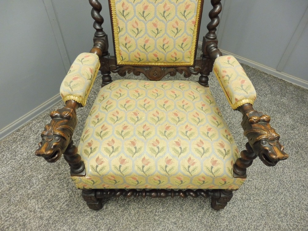 CARVED OAK 19TH CENTURY ARMCHAIR WITH DOGS HEAD ARMS View XIX