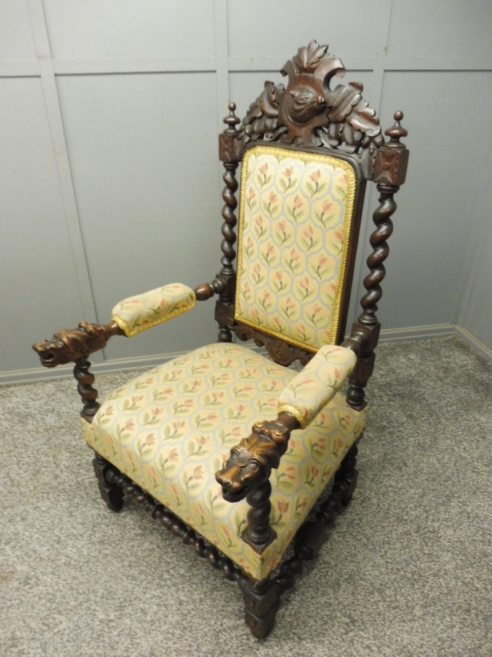 CARVED OAK 19TH CENTURY ARMCHAIR WITH DOGS HEAD ARMS View XX