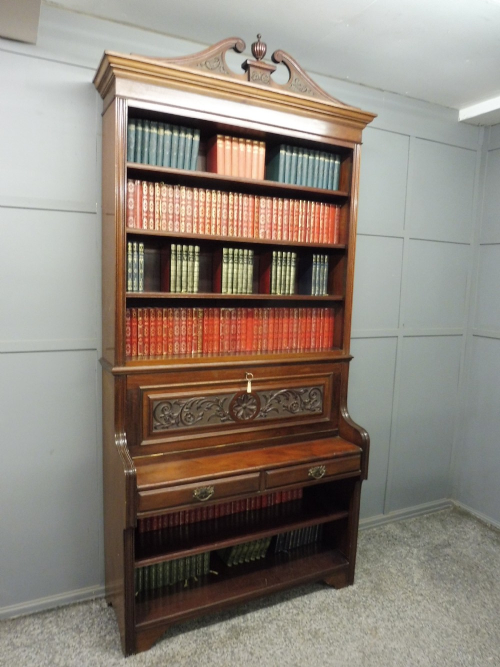 TALL VICTORIAN SECRETAIRE  OPEN BOOKCASE