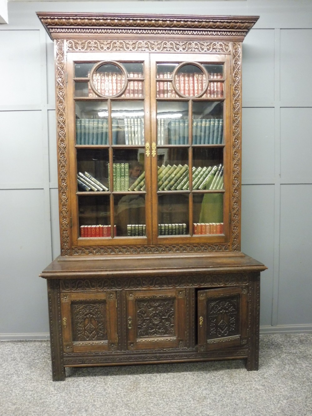LARGE VICTORIAN CARVED OAK BOOKCASE