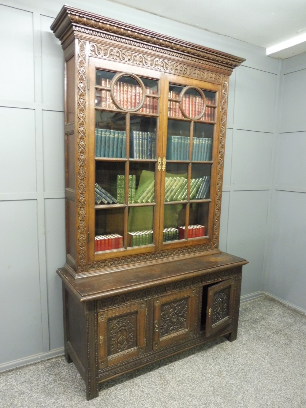 LARGE VICTORIAN CARVED OAK BOOKCASE View II