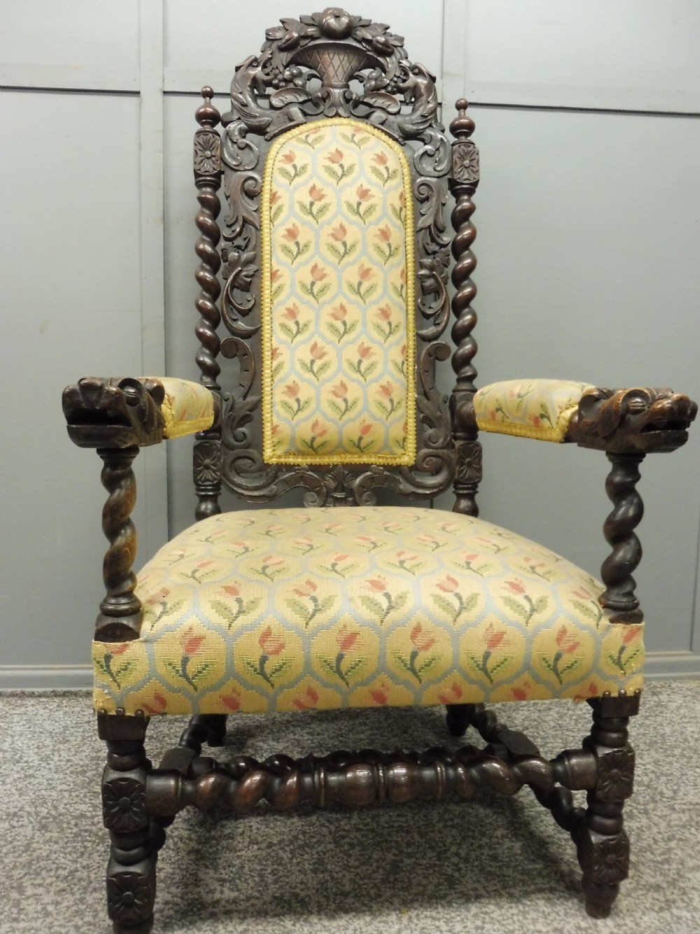 19TH CENTURY CARVED OAK ARMCHAIR