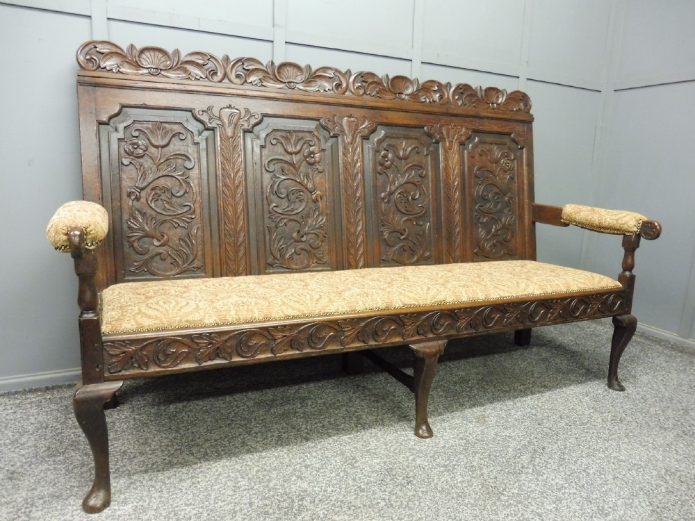 19TH CENTURY CARVED OAK  BENCH