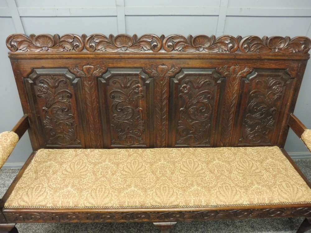19TH CENTURY CARVED OAK  BENCH View III