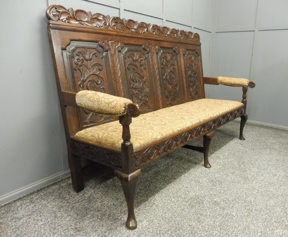 19TH CENTURY CARVED OAK  BENCH View V