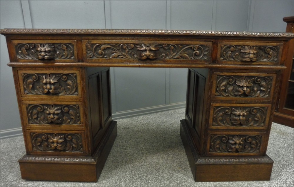 CARVED OAK GREEN MAN DESK BY EDWARDS AND ROBERTS View III