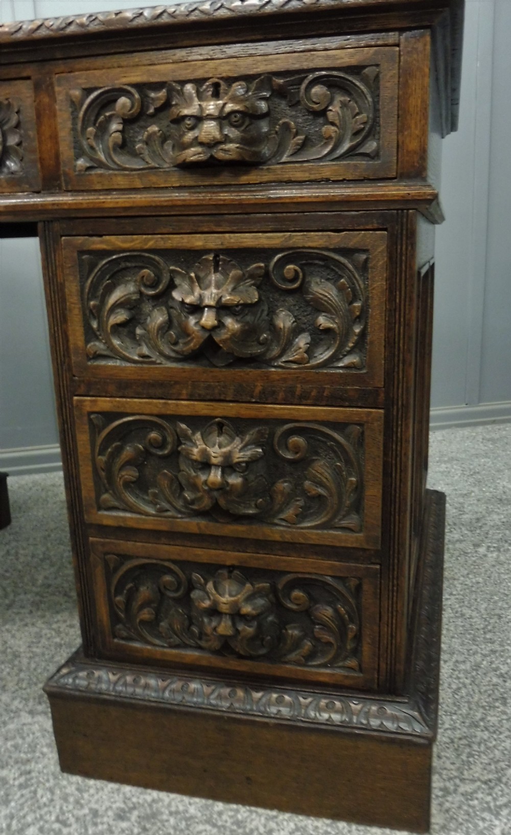 CARVED OAK GREEN MAN DESK BY EDWARDS AND ROBERTS View V