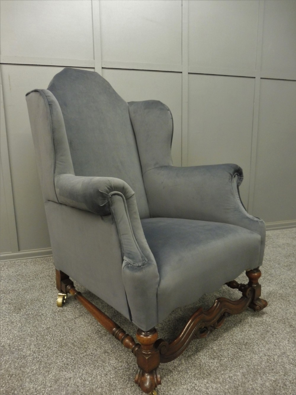 NEWLY UPHOLSTERED 19TH CENTURY WALNUT WING ARMCHAIR View X