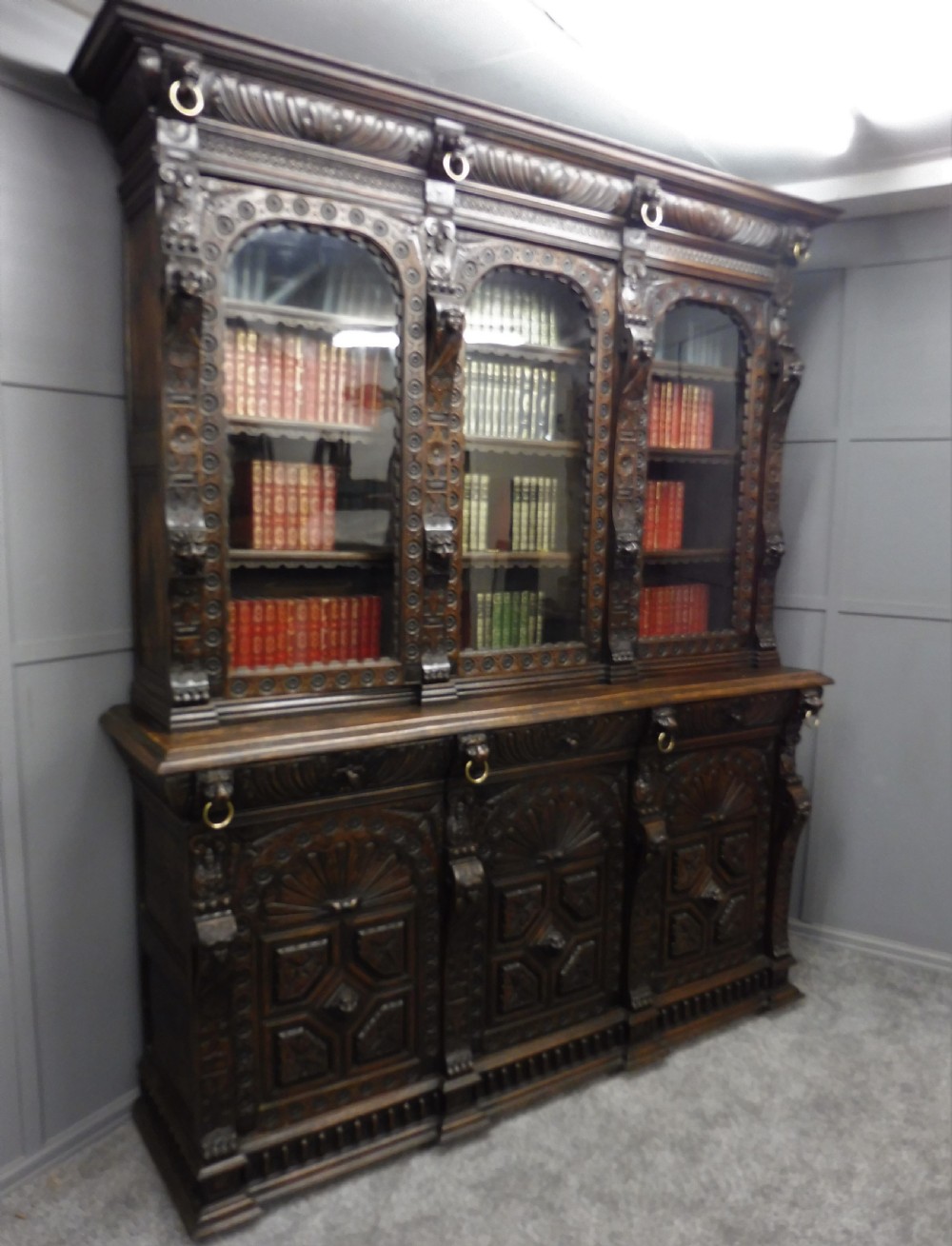 LARGE VICTORIAN CARVED OAK BOOKCASE View II