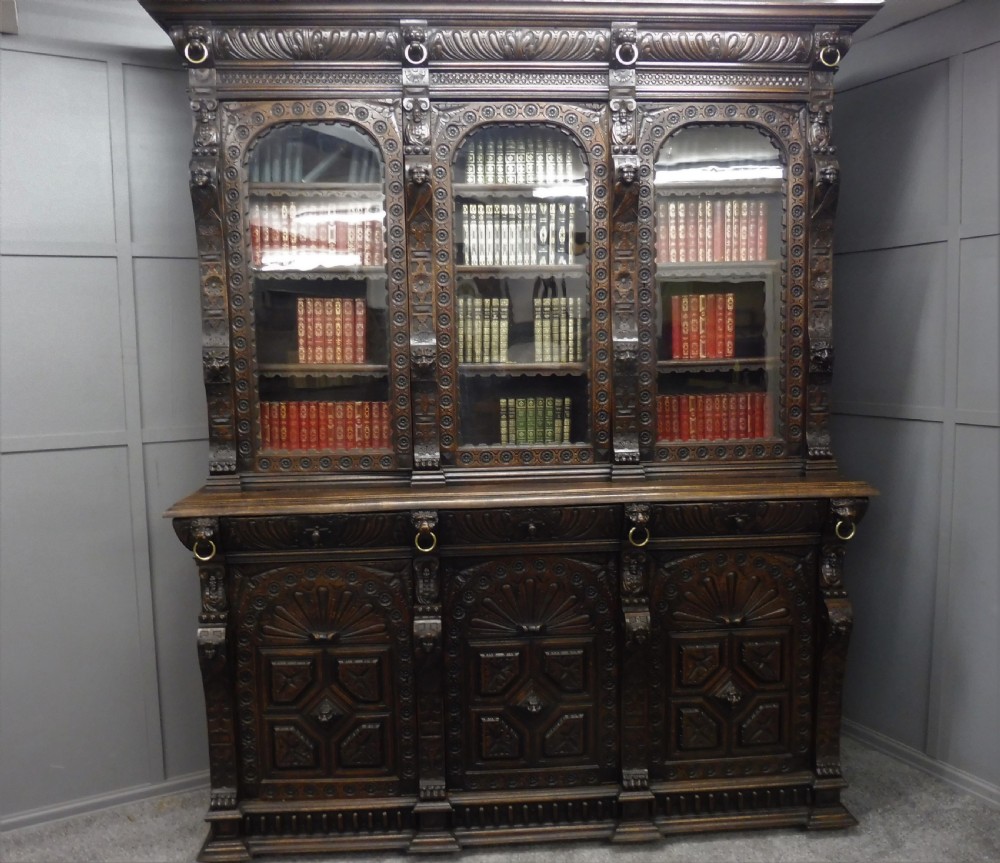 LARGE VICTORIAN CARVED OAK BOOKCASE View III