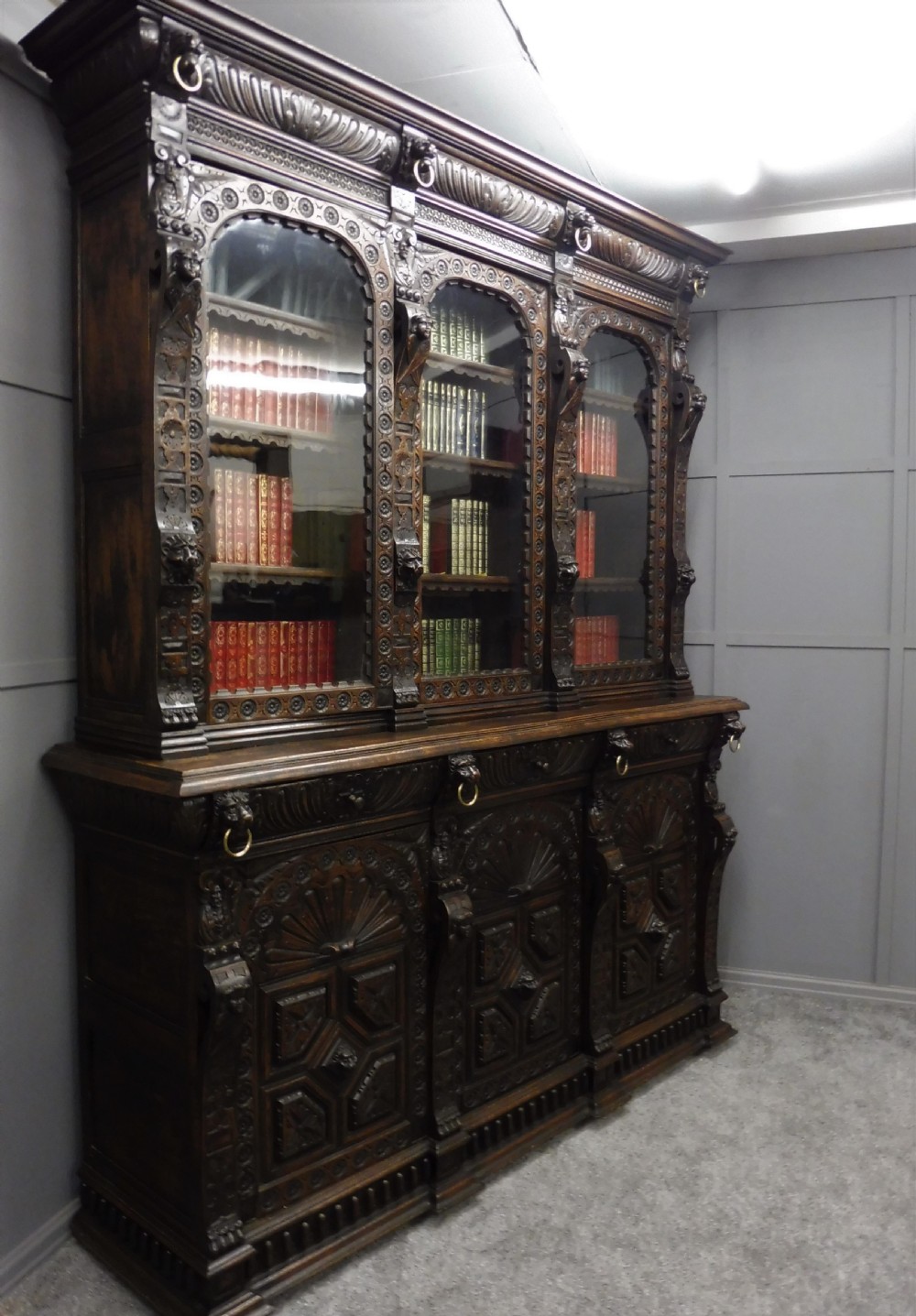 LARGE VICTORIAN CARVED OAK BOOKCASE View IV