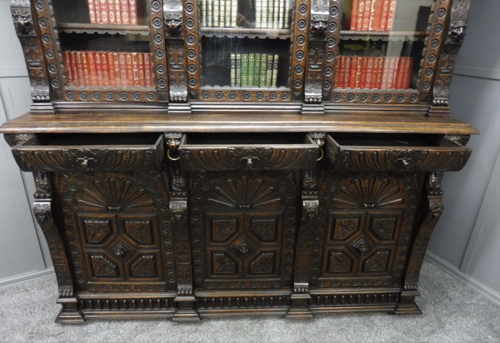 LARGE VICTORIAN CARVED OAK BOOKCASE View VIII