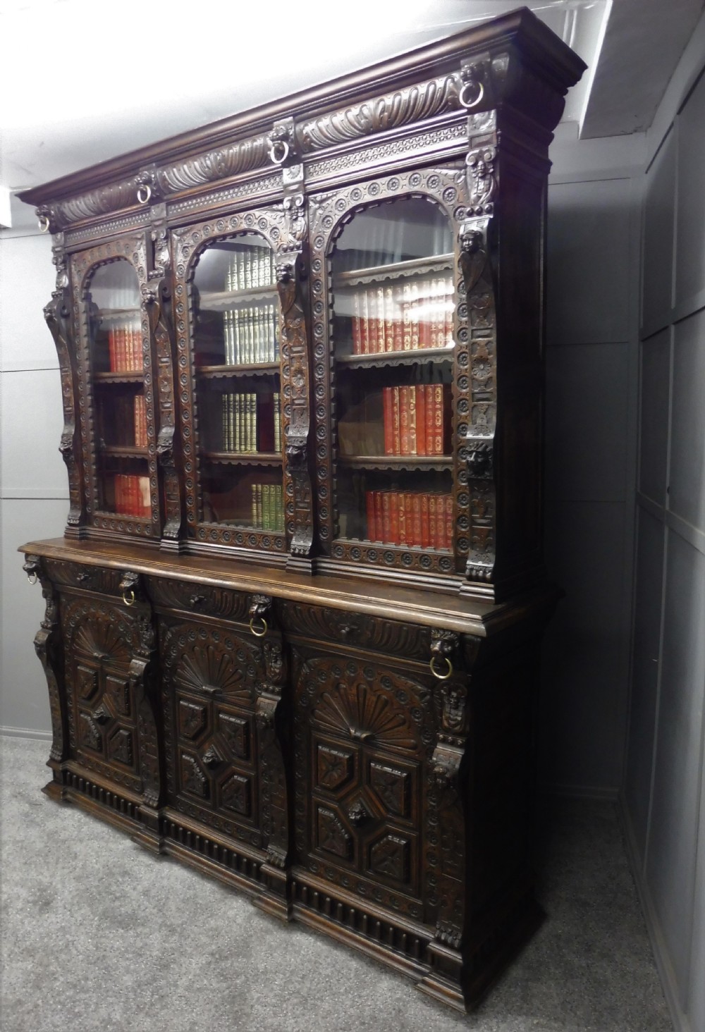 LARGE VICTORIAN CARVED OAK BOOKCASE View XIV