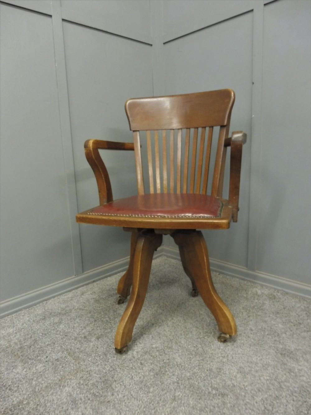 EDWARDIAN OAK AND LEATHER SWIVEL DESK ARM CHAIR View II