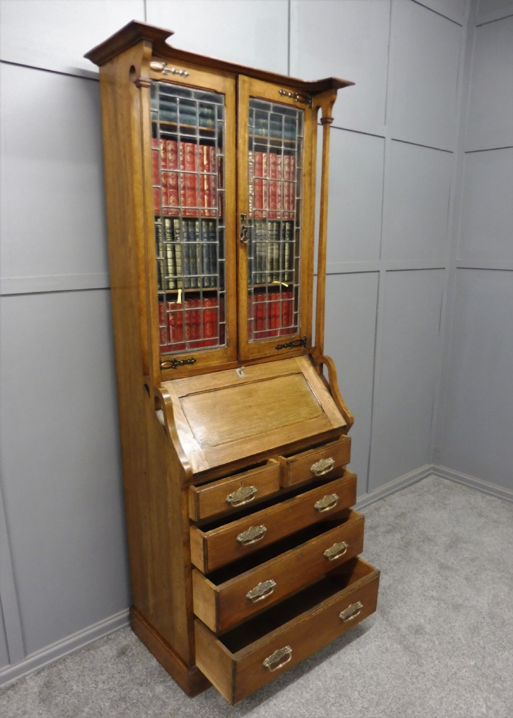 OAK ARTS AND CRAFTS BUREAU BOOKCASE View XII