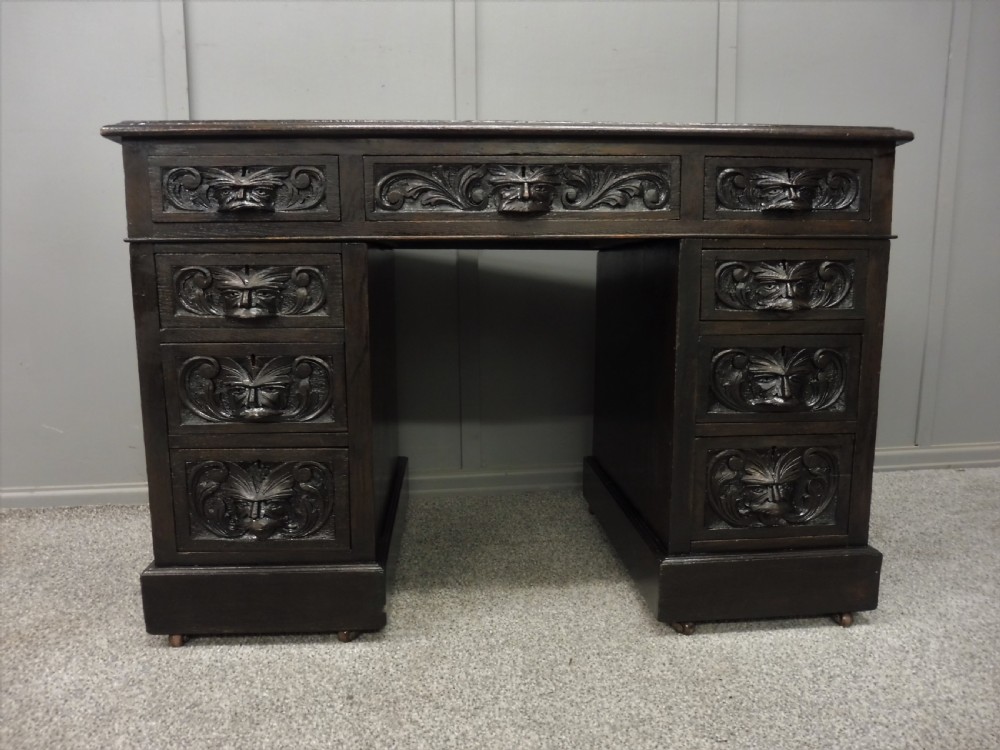 DARK OAK VICTORIAN GREEN MAN DESK View II