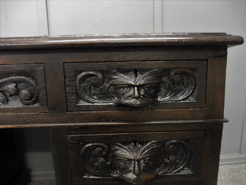 DARK OAK VICTORIAN GREEN MAN DESK View V