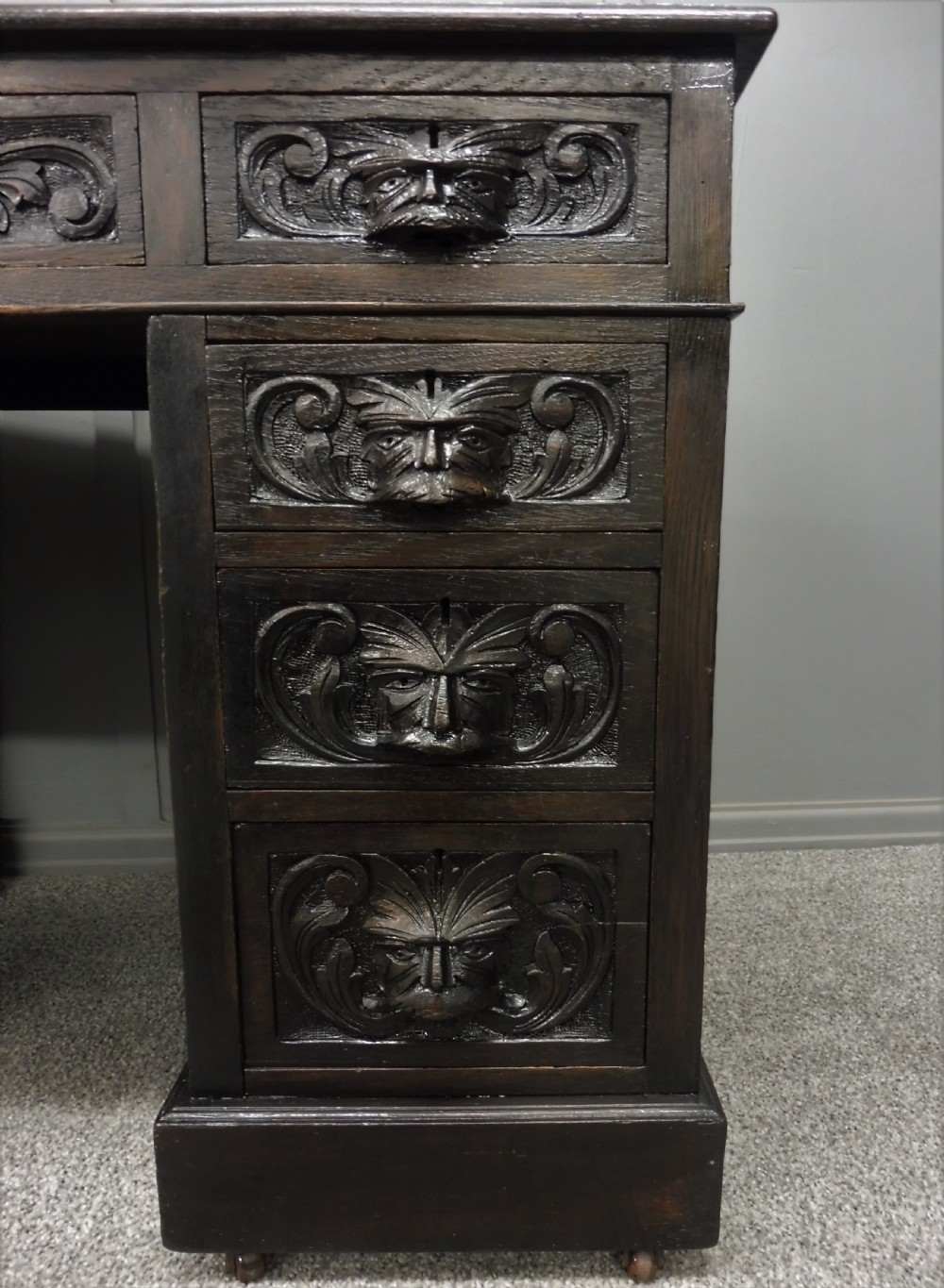 DARK OAK VICTORIAN GREEN MAN DESK View VI