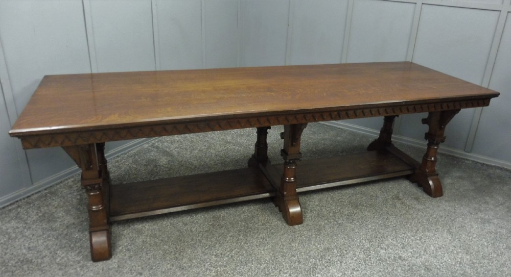 VERY LARGE CARVED OAK REFECTORY DINING TABLE