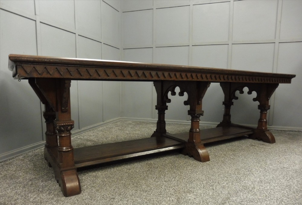 VERY LARGE CARVED OAK REFECTORY DINING TABLE View II