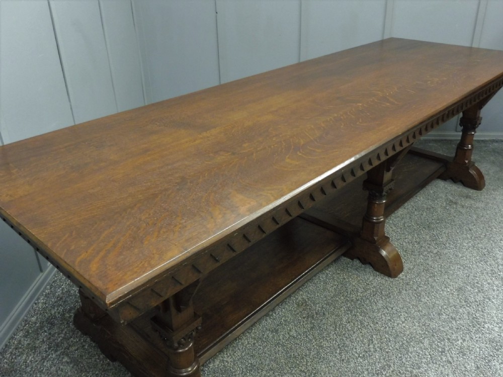 VERY LARGE CARVED OAK REFECTORY DINING TABLE View III