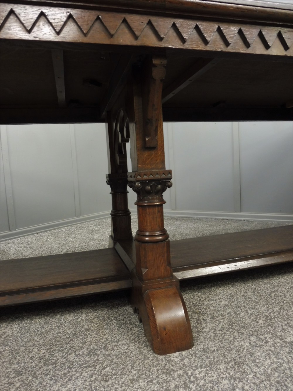 VERY LARGE CARVED OAK REFECTORY DINING TABLE View V