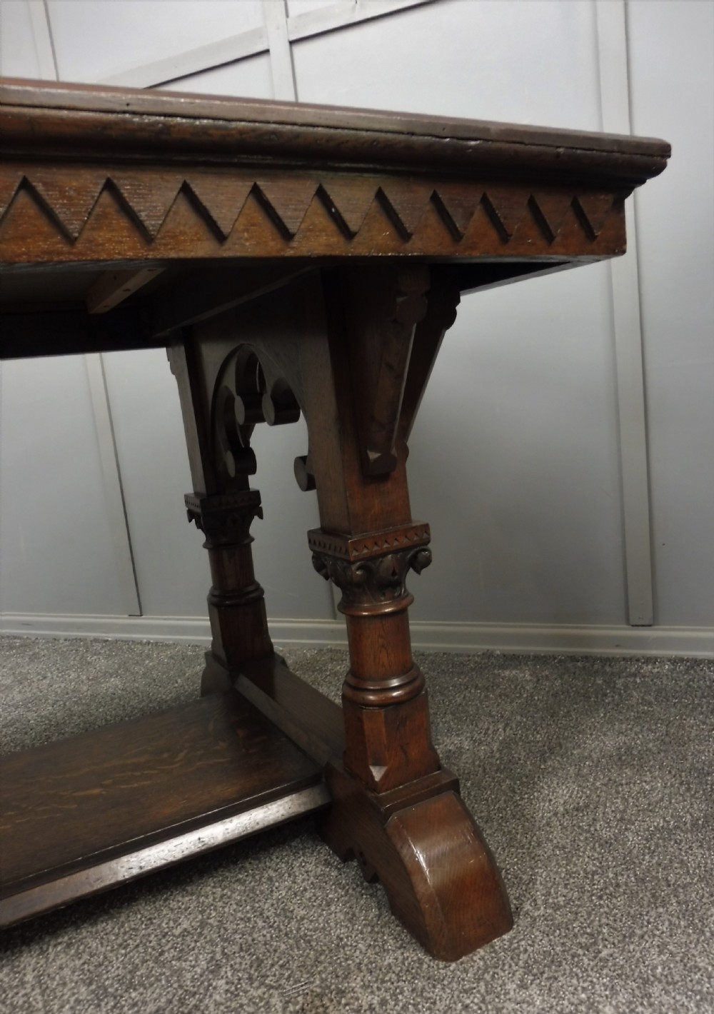 VERY LARGE CARVED OAK REFECTORY DINING TABLE View VI
