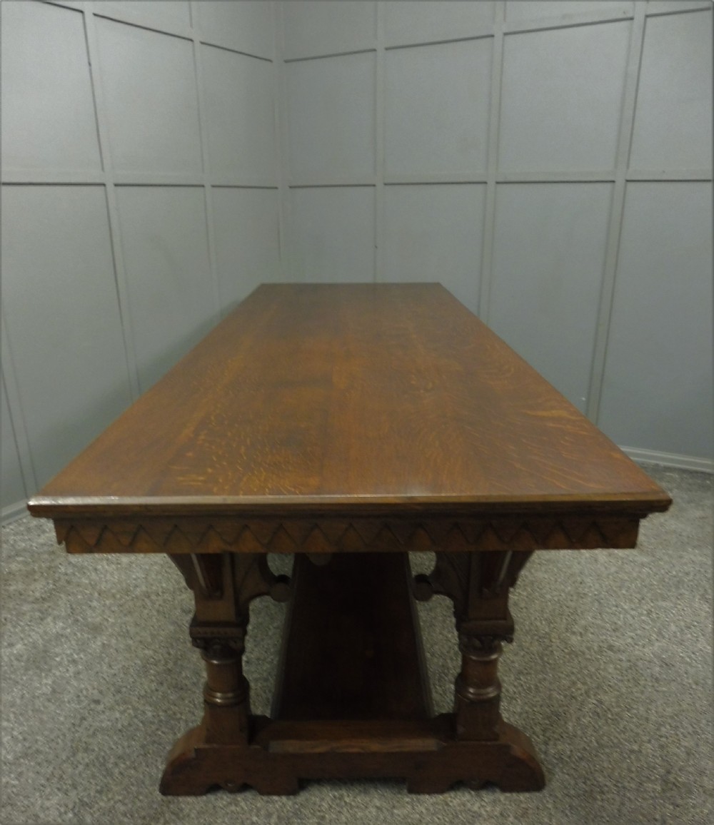 VERY LARGE CARVED OAK REFECTORY DINING TABLE View IX