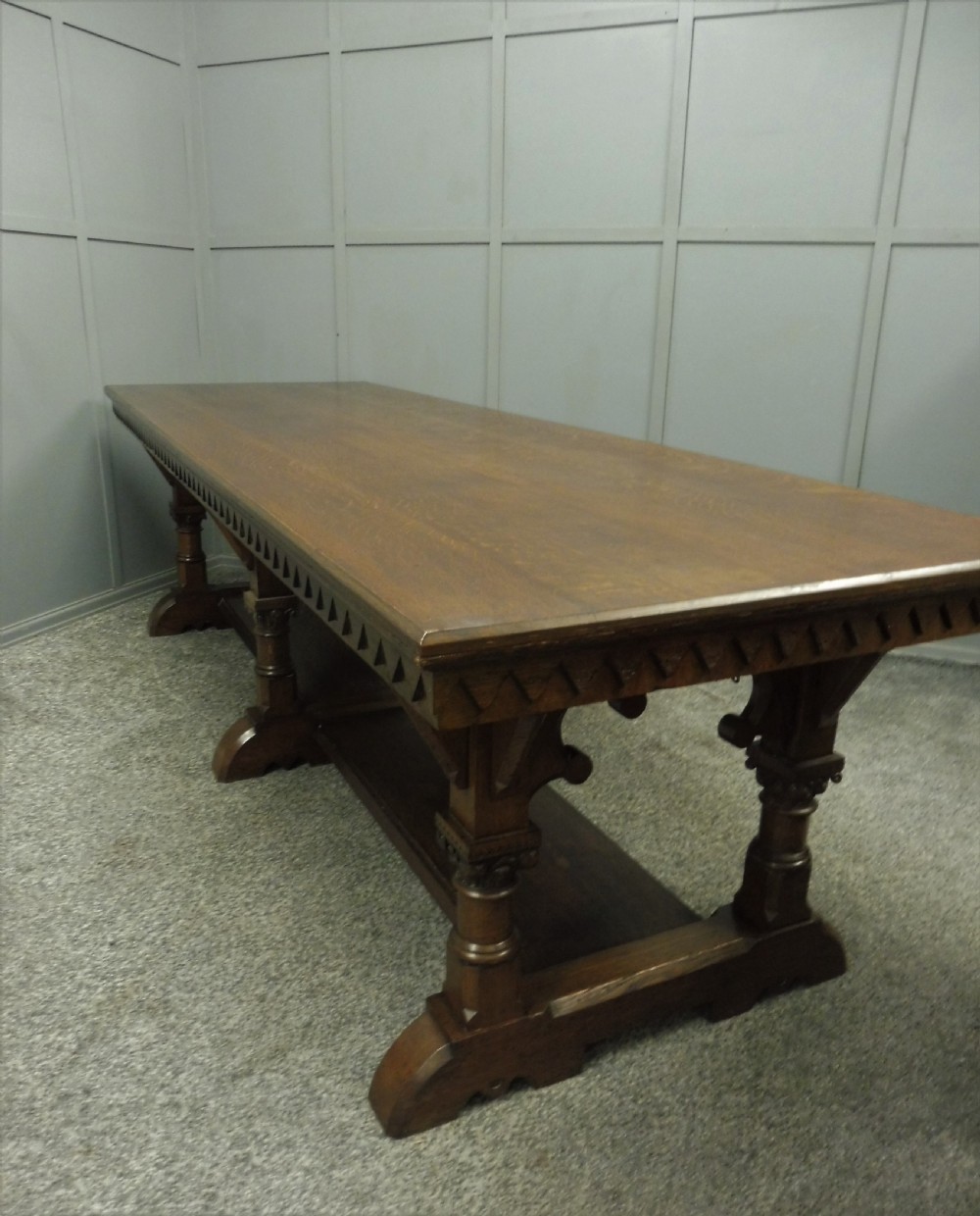 VERY LARGE CARVED OAK REFECTORY DINING TABLE View XI